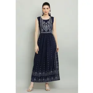 Generic Women's Casual Rayon Sleeveless Kurti (Blue)