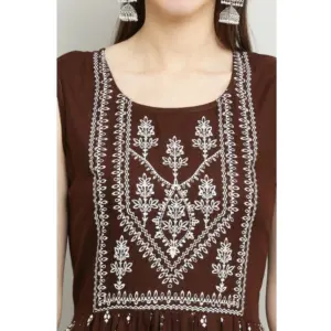 Generic Women's Casual Rayon Sleeveless Kurti (Brown)
