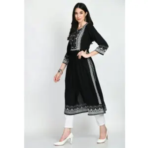 Generic Women's Casual Rayon 3-4th Sleeves Kurti (Black)
