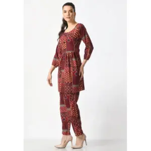 Generic Women's Casual Crepe 3-4th Sleeves Cord Set (Maroon)