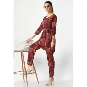 Generic Women's Casual Crepe 3-4th Sleeves Cord Set (Maroon)