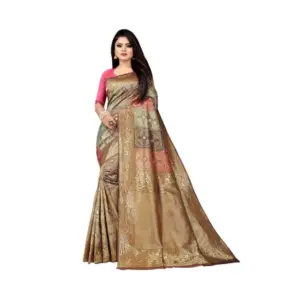 Women's Soft Lichi Silk Printed Saree with Blouse – Gold