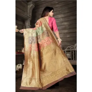 Women's Soft Lichi Silk Printed Saree with Blouse – Gold