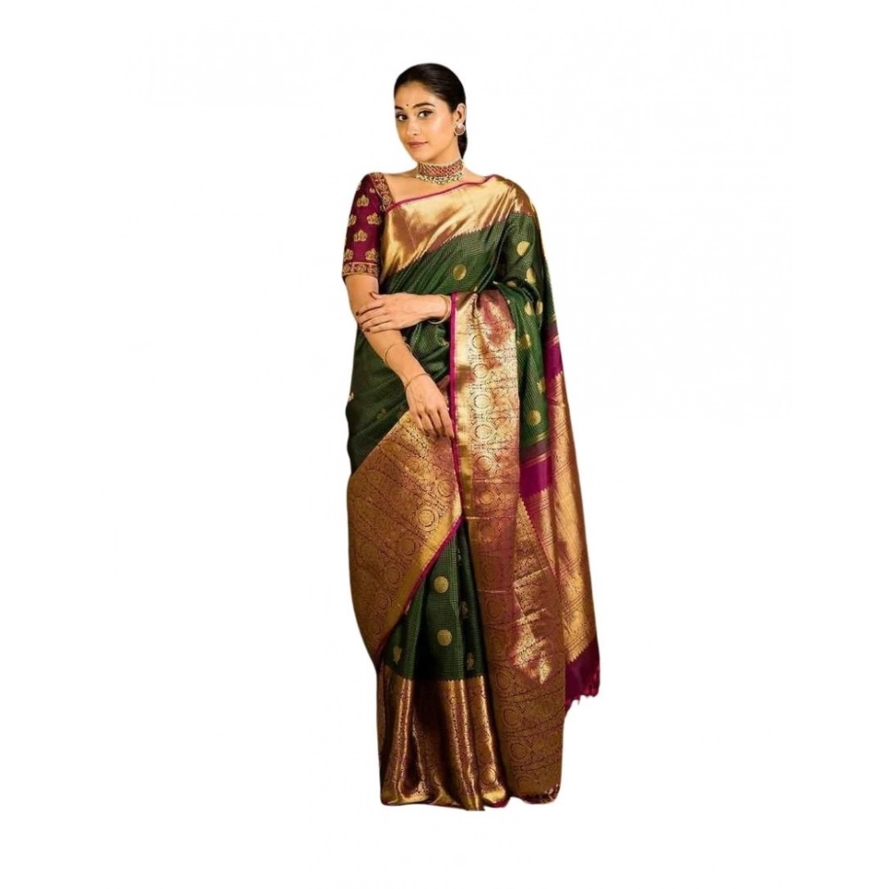 Women's Soft Lichi Silk Printed Saree with Blouse – Green