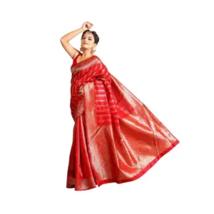 Women's Soft Lichi Silk Printed Saree with Blouse – Red
