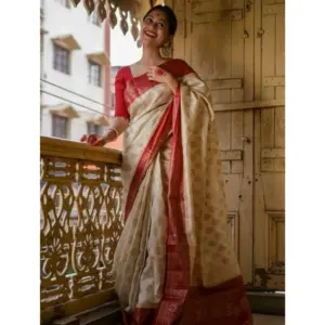 Women's Soft Lichi Silk Printed Saree with Blouse – White