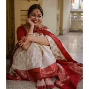 Women's Soft Lichi Silk Printed Saree with Blouse – White