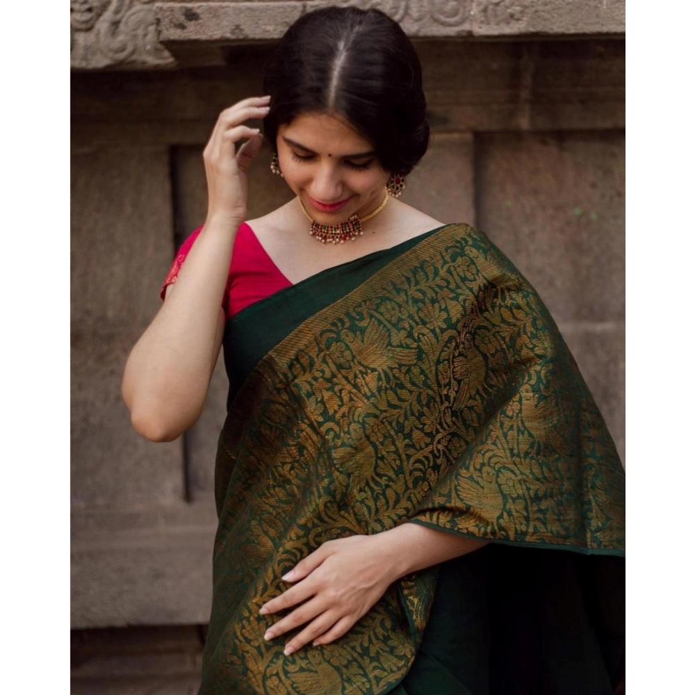 Women's Soft Lichi Silk Printed Saree with Blouse – Green