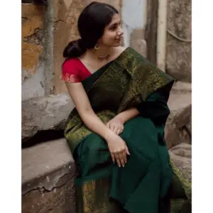 Women's Soft Lichi Silk Printed Saree with Blouse – Green