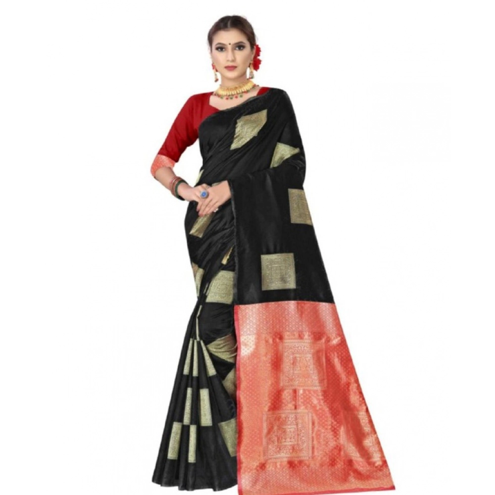 Women's Soft Lichi Silk Printed Saree with Blouse – Black