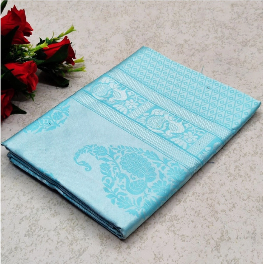 Women's Soft Lichi Silk Printed Saree with Blouse – Sky Blue