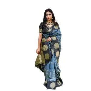 Women's Soft Lichi Silk Printed Saree with Blouse – Grey