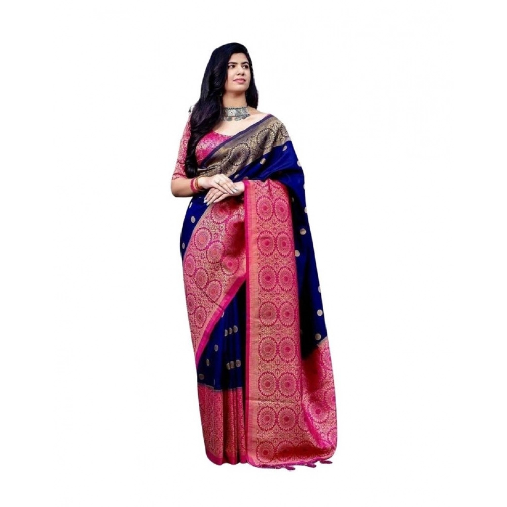 Women's Soft Lichi Silk Printed Saree with Blouse – Blue