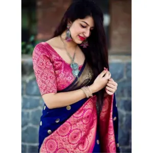 Women's Soft Lichi Silk Printed Saree with Blouse – Blue