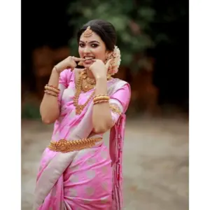 Women's Soft Lichi Silk Printed Saree with Blouse – Pink