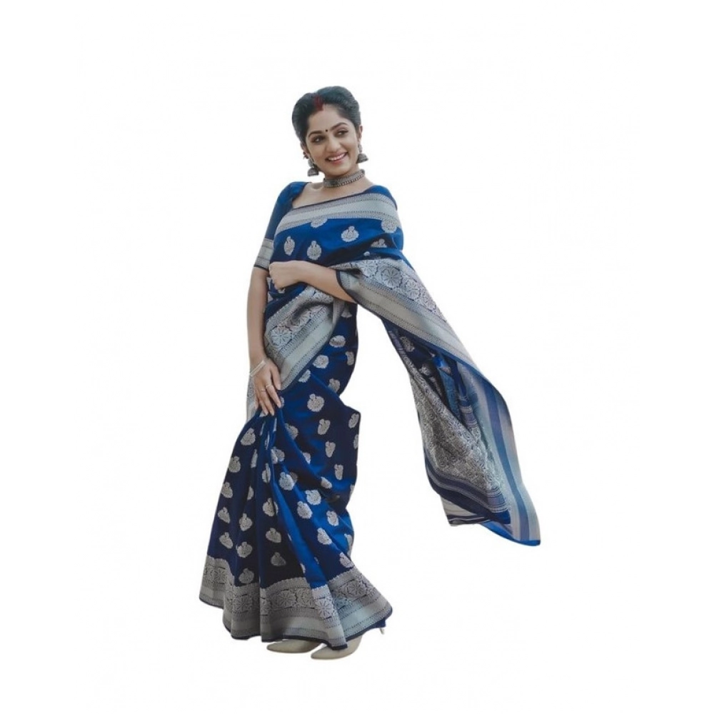 Women's Soft Lichi Silk Printed Saree with Blouse – Blue