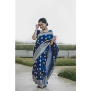 Women's Soft Lichi Silk Printed Saree with Blouse – Blue
