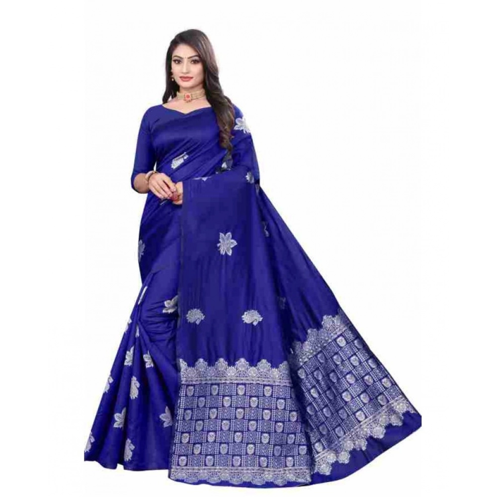 Women's Soft Lichi Silk Printed Saree with Blouse – Blue