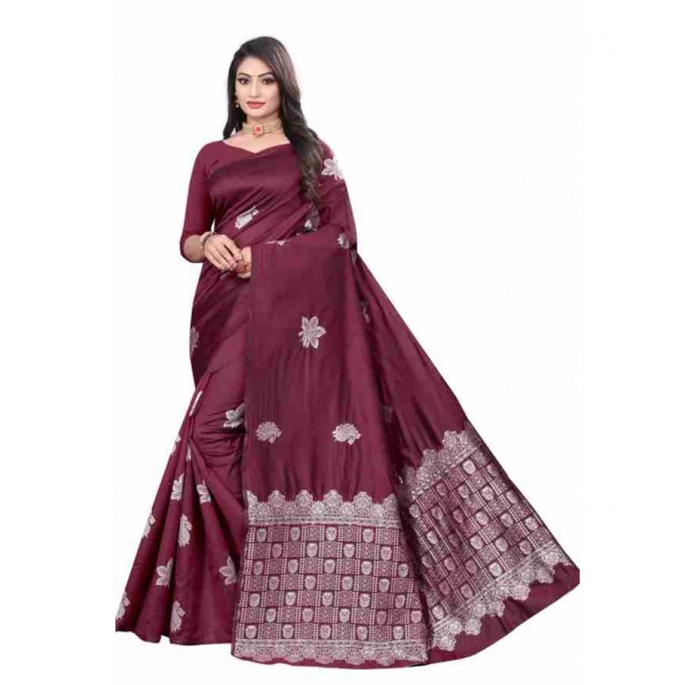Women's Soft Lichi Silk Printed Saree with Blouse – Wine