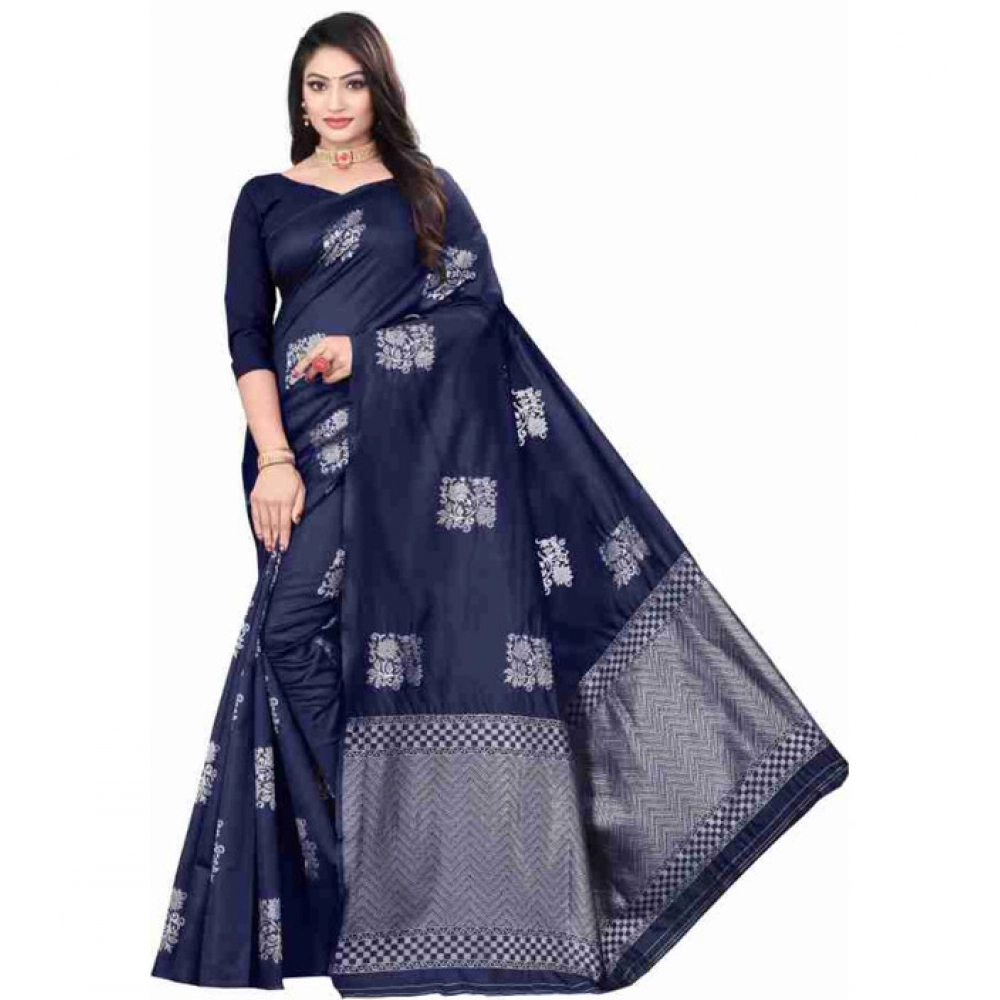 Women's Soft Lichi Silk Printed Saree with Blouse – Blue