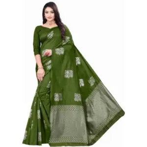 Women's Soft Lichi Silk Printed Saree with Blouse – Green