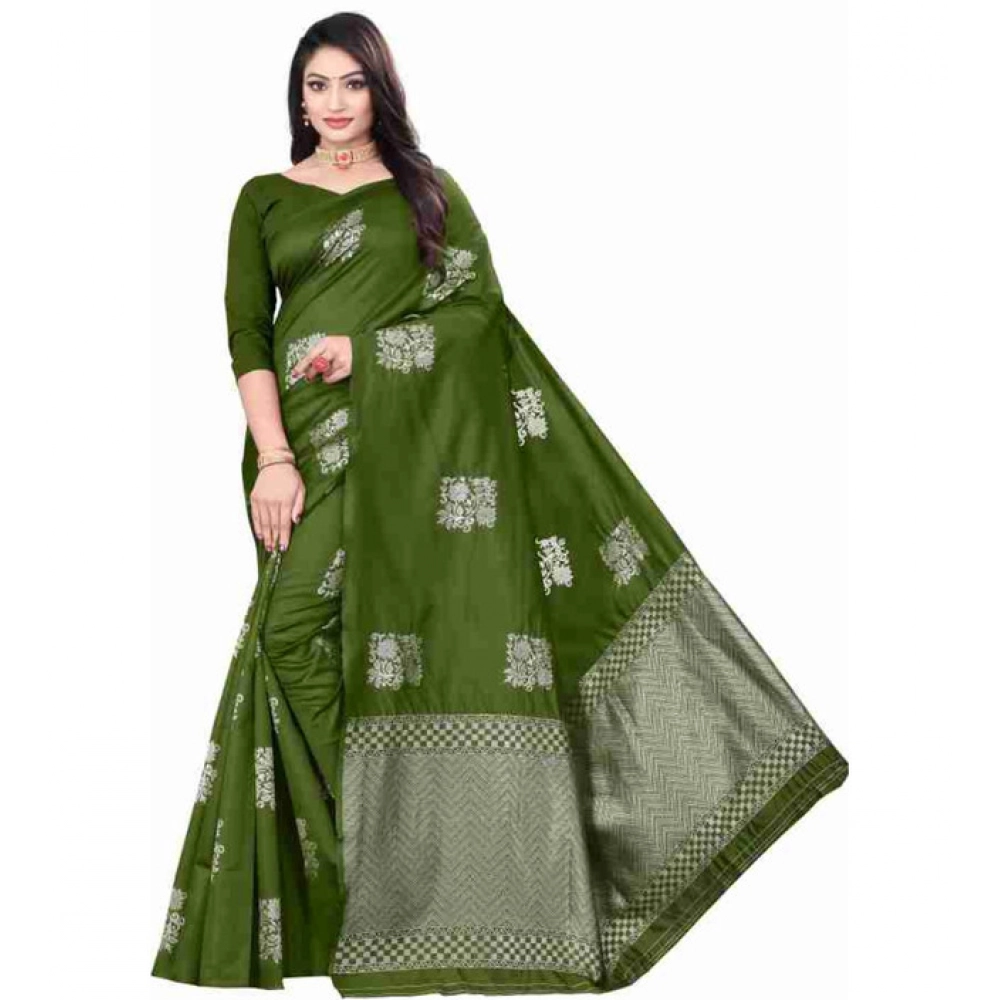 Women's Soft Lichi Silk Printed Saree with Blouse – Green
