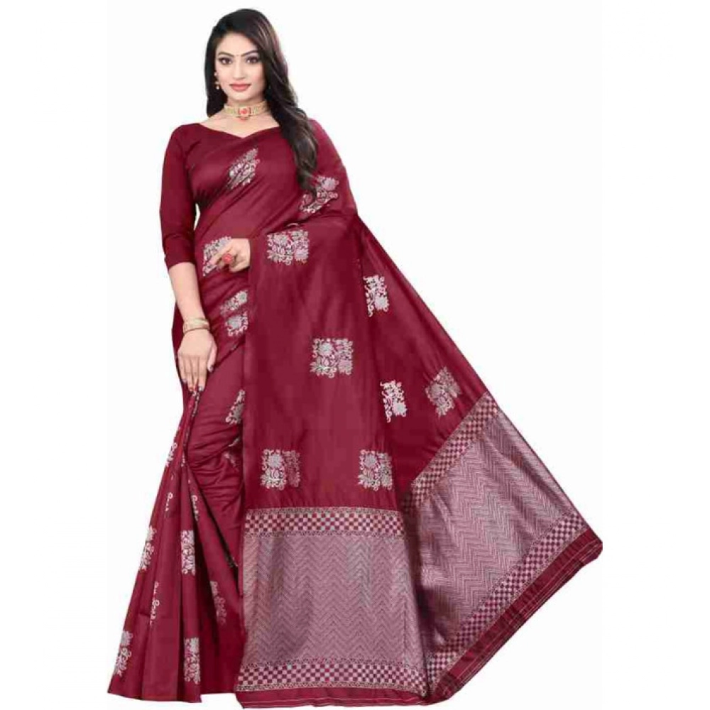Women's Soft Lichi Silk Printed Saree with Blouse – Maroon
