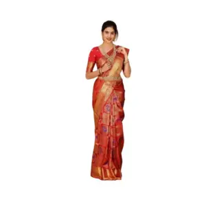Women's Soft Lichi Silk Printed Saree with Blouse – Red