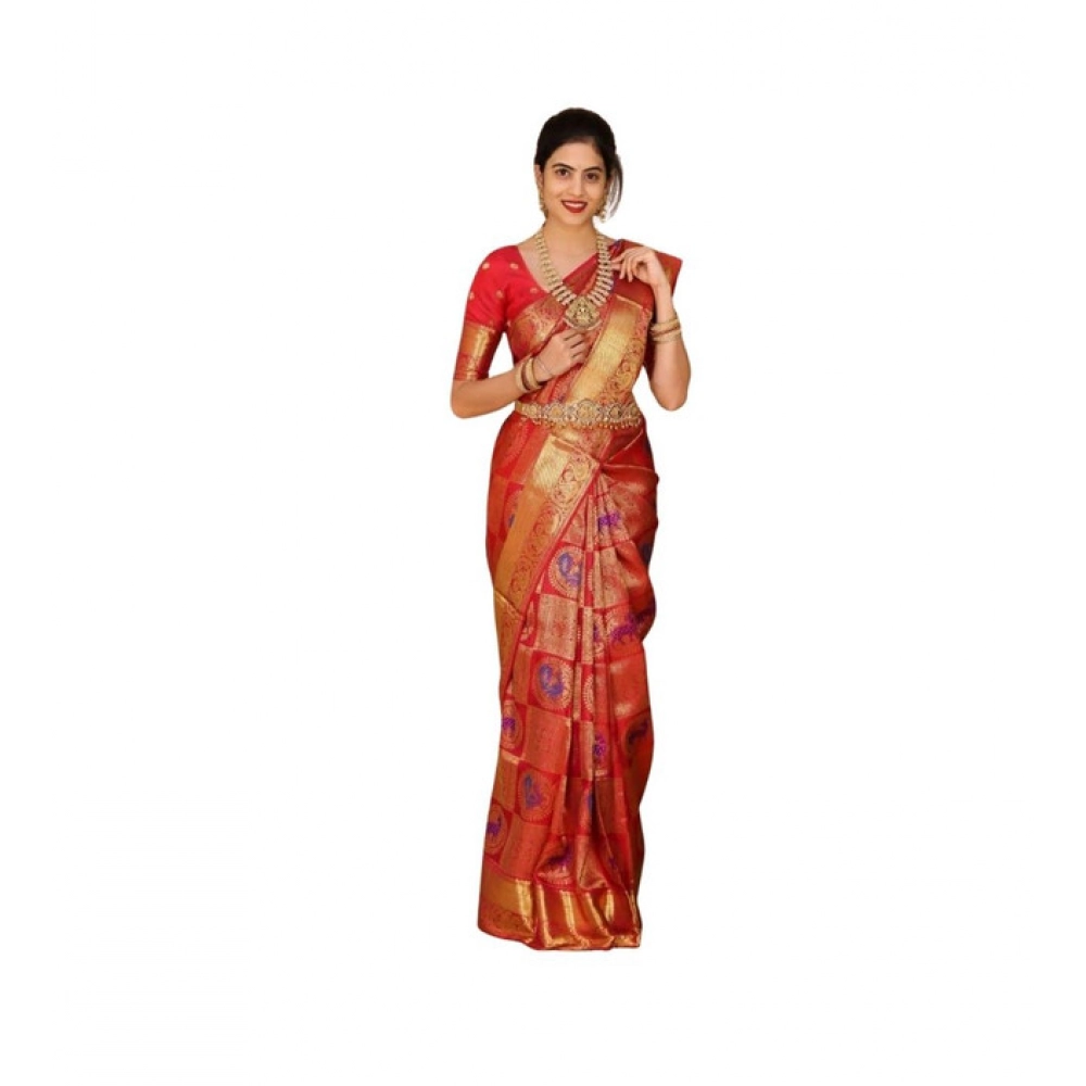 Women's Soft Lichi Silk Printed Saree with Blouse – Red