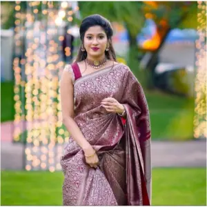 Women's Soft Lichi Silk Printed Saree with Blouse – Wine