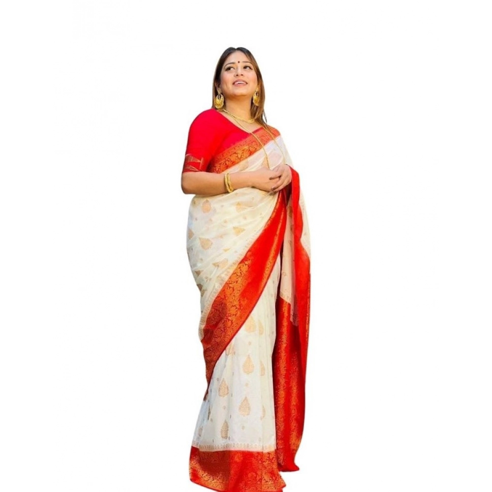 Women's Soft Lichi Silk Printed Saree with Blouse – White