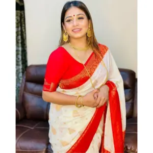 Women's Soft Lichi Silk Printed Saree with Blouse – White