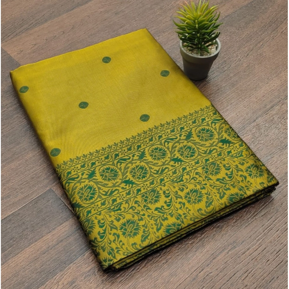 Women's Soft Lichi Silk Printed Saree with Blouse – Green