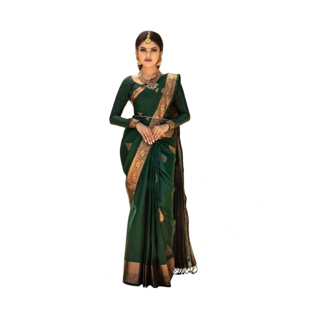 Women's Soft Lichi Silk Printed Saree with Blouse – Green