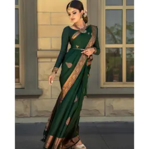 Women's Soft Lichi Silk Printed Saree with Blouse – Green