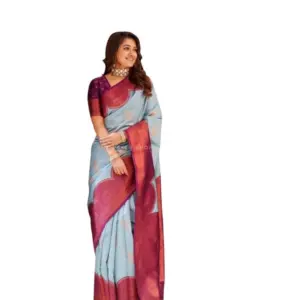 Women's Soft Lichi Silk Printed Saree with Blouse – Light Blue