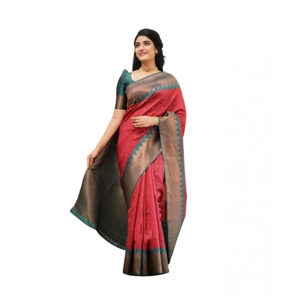 Women's Soft Lichi Silk Printed Saree with Blouse – Red