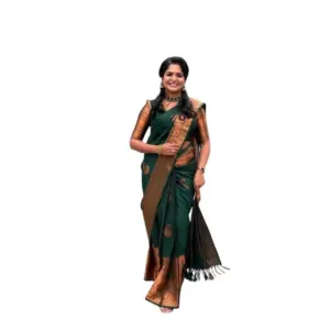 Women's Soft Lichi Silk Printed Saree with Blouse – Green