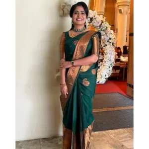 Women's Soft Lichi Silk Printed Saree with Blouse – Green