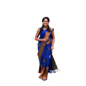 Women's Soft Lichi Silk Printed Saree with Blouse – Navy Blue