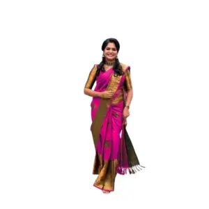 Women's Soft Lichi Silk Printed Saree with Blouse – Pink