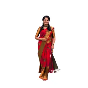 Women's Soft Lichi Silk Printed Saree with Blouse – Red