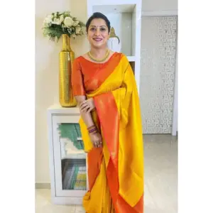 Women's Soft Lichi Silk Printed Saree with Blouse – Mustard