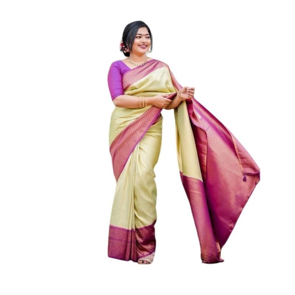 Women's Soft Lichi Silk Printed Saree with Blouse – Light Green