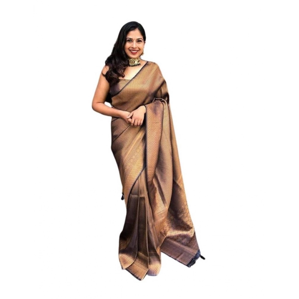 Women's Soft Lichi Silk Printed Saree with Blouse – Black-Gold