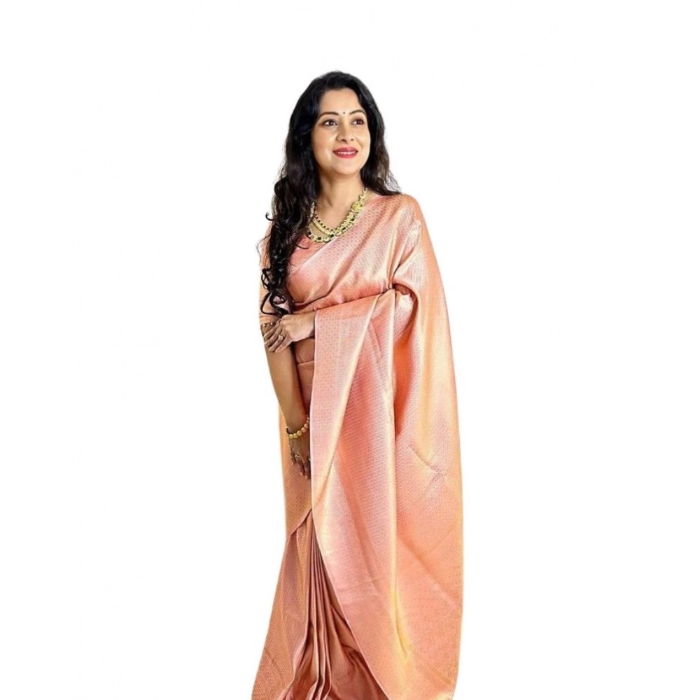 Women's Soft Lichi Silk Printed Saree with Blouse – Peach