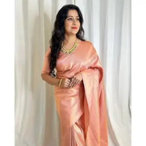 Women's Soft Lichi Silk Printed Saree with Blouse – Peach