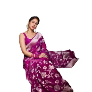Women's Soft Lichi Silk Printed Saree with Blouse – Purple