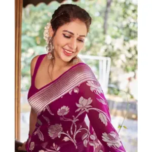 Women's Soft Lichi Silk Printed Saree with Blouse – Purple