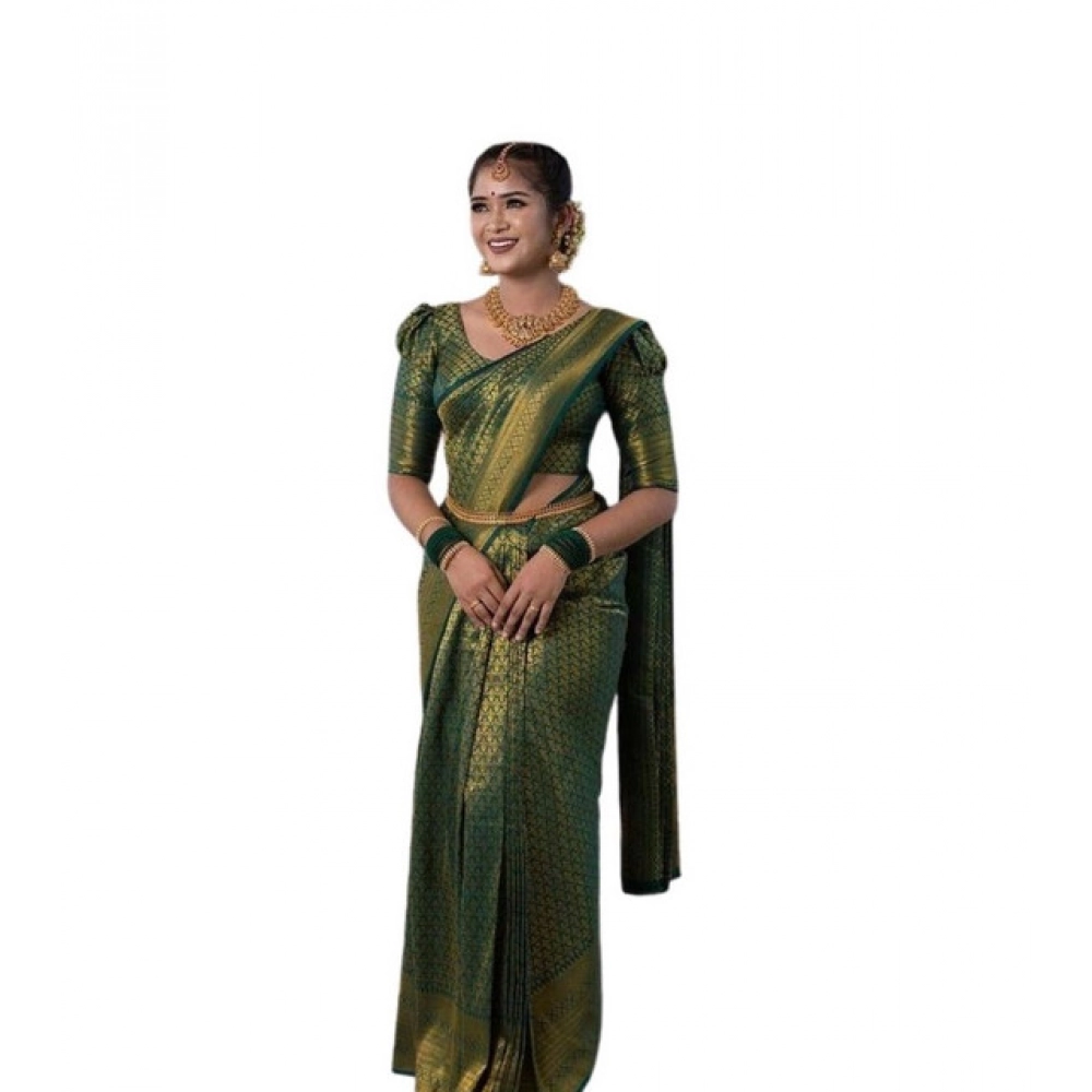 Women's Soft Lichi Silk Printed Saree with Blouse – Green